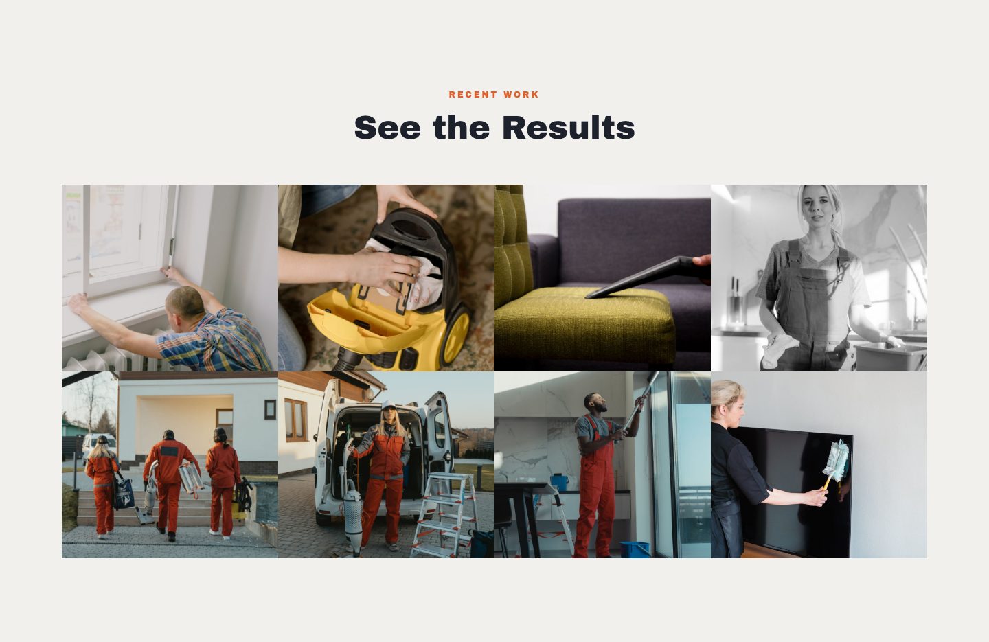 The recent work section: a Recent work eyebrow, the headline See the Results, and a grid of eight photos in two rows.